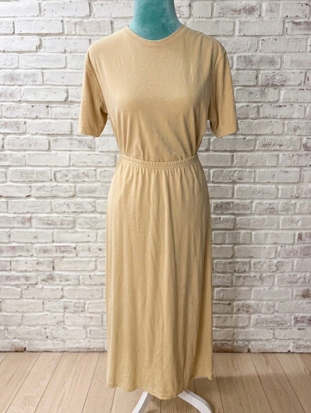 Vintage Tan Beige Rayon Ribbed Maxi skirt set shirt Quiet Luxury Minimalist